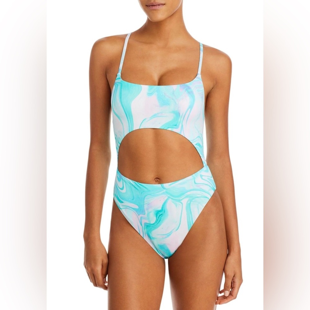 AQUA Swim Swirl Print Cutout One Piece Swimsuit Turq Multi Size small C44 - Picture 1 of 5